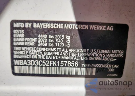 2015 BMW 328 D z USA, uszkodzony, nr VIN WBA3D3C52FK157856